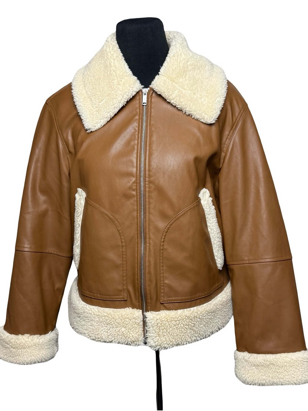 GAP Faux Leather Jacket Full Zip Sherpa Lined Jacket Women’s Size M Moto Retro